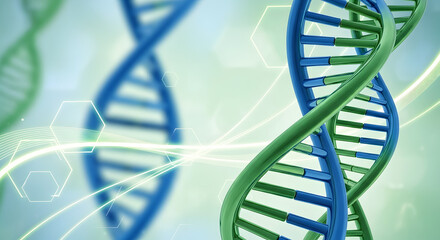 Abstract digital art of two intertwined dna double helix strands with glowing light streaks