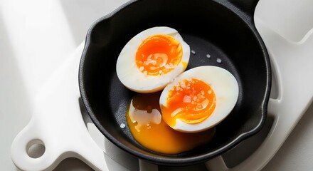 Organic soft-boiled eggs in cast-iron skillet for wholesome keto breakfast and sustainable minimalist lifestyle design