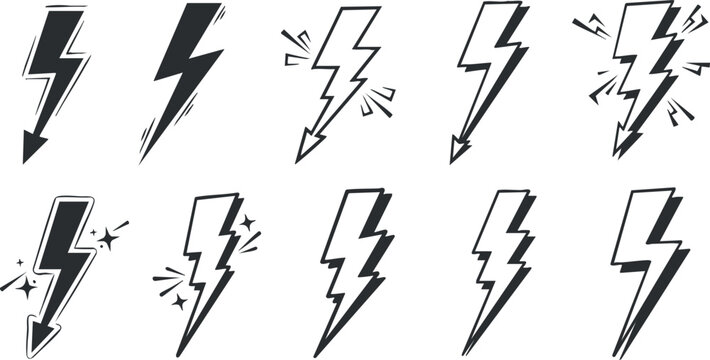 Dynamic collection of lightning bolt vector icons in black and white style, perfect for energy and power branding projects