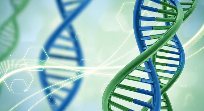 Abstract digital art of two intertwined dna double helix strands with glowing light streaks