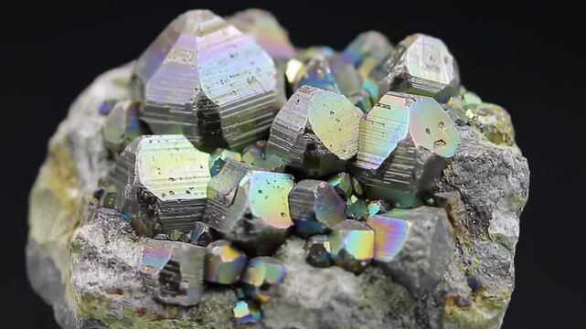 Shiny pyrite crystal cluster on gray rock with iridescence and dark backdrop, for geology