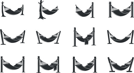 Set of minimalist black and white vector illustrations of hammocks in various relaxing outdoor settings for design projects.