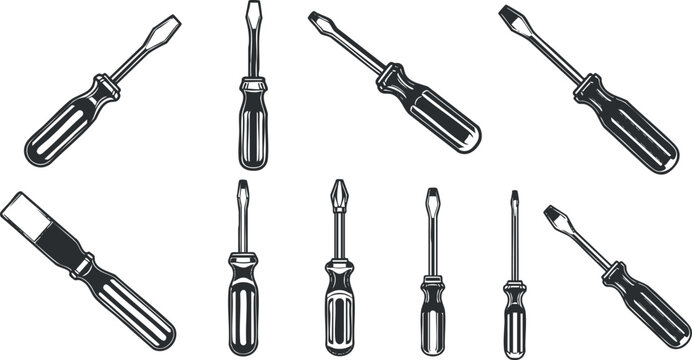 Detailed vector illustration set of various screwdriver types for repair and construction projects