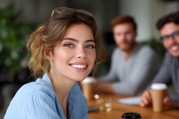Young business professionals working remotely and meeting in a casual cafe setting