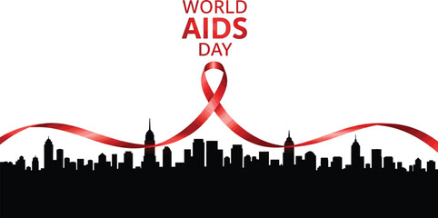 Red awareness ribbon over a city skyline silhouette for World AIDS Day