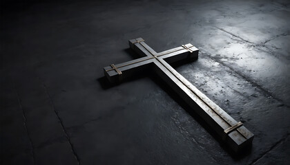 Metal Cross on Dark Concrete Floor in Dim Lighting Religious Symbol