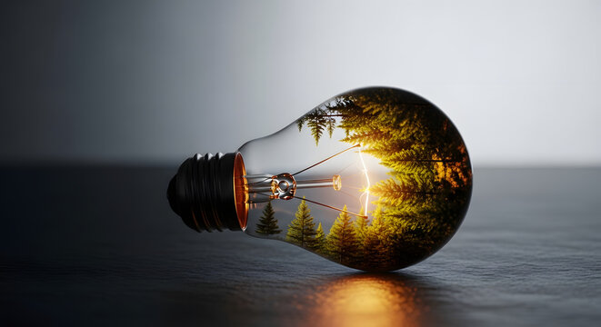 Glowing light bulb reflecting a vibrant city skyline at sunset symbolizing innovation and bright ideas