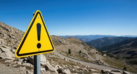 Yellow warning sign stands prominently on rocky terrain, overlooking winding road and mountainous landscape, conveying caution and alertness in a natural setting