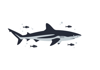 Fototapeta premium A sleek shark swims gracefully surrounded by small fish in clear blue water.