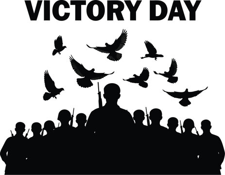 Victory Day silhouette graphic featuring a soldier figure below a flying dove against