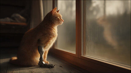 A curious cat gazes out a window with a prosthetic leg, contemplating the world outside