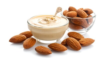 Close-up of creamy nut butter in bowl with spoon and raw almonds