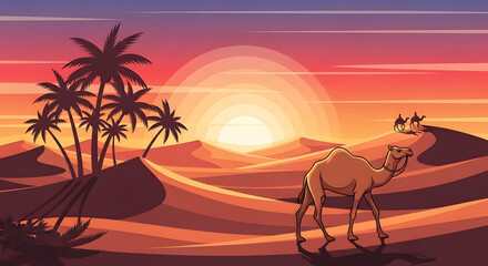 Desert sunset with camel walking and distant caravan landscape