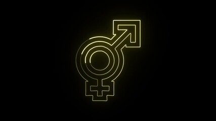 Glowing neon line bigender symbol with pulse animation. Gender identity icon HD video isolated on black background