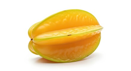A vibrant yellow-orange star fruit, also known as carambola, isolated on a clean white background, showcasing its unique ridged shape and smooth skin.