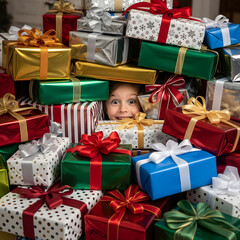 Realistic Image of Child Surrounded by Excessive Gifts and Presents