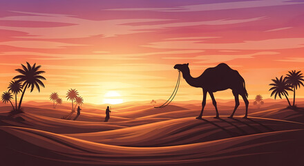 Desert sunset landscape with camel and palm trees in silhouette