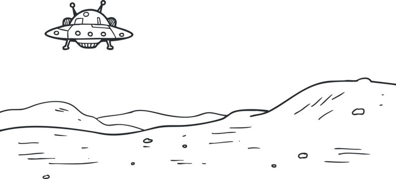 Outline vector illustration of a UFO flying over a minimalist landscape, perfect for science fiction and creative projects
