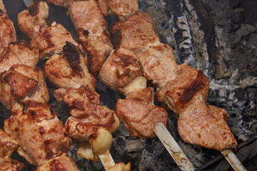 Large pieces of pork being grilled on skewers over hot charcoal. Delicious barbecue with a golden crust cooking outdoors during a picnic or countryside gathering.
