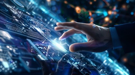 A hand interacts with a glowing, intricate digital interface. Futuristic technology