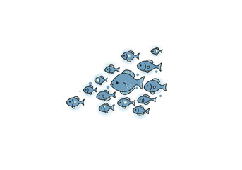 Small fish following a larger fish in a school illustrating leadership and teamwork.