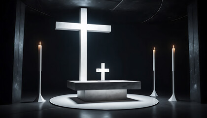 Modern Religious Altar with Cross and Candles in Minimalist Church Setting