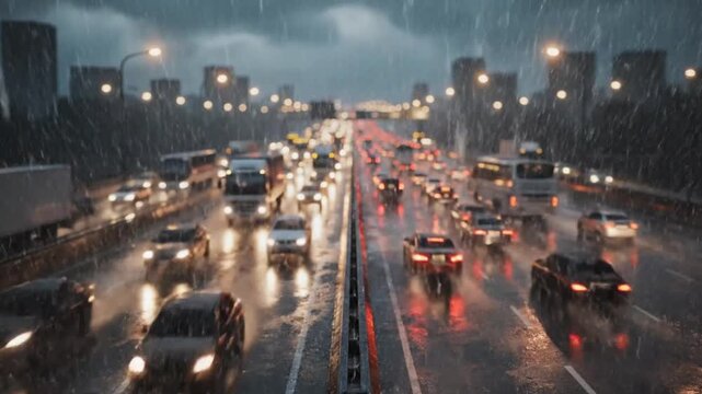 Traffic congestion on a highway during heavy rainfall with city backdrop video 4k