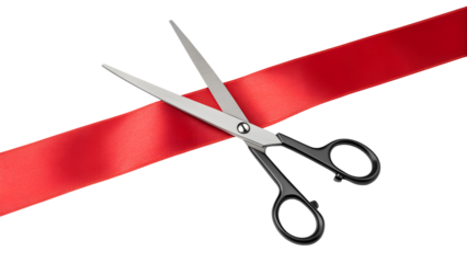scissors cutting red ribbon band isolated on white or transparent png
