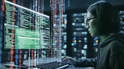 A developer sits intently at her computer desk, surrounded by the glow of her monitor displaying a sea of code, encapsulating the concept of technological innovation and developer driven.