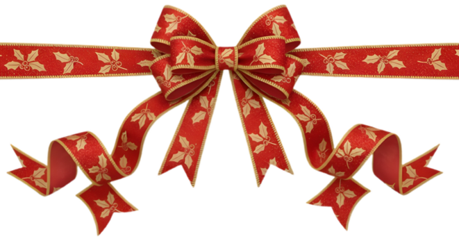  Christmas Red Ribbon Bow with Holly Pattern on Transparent Background