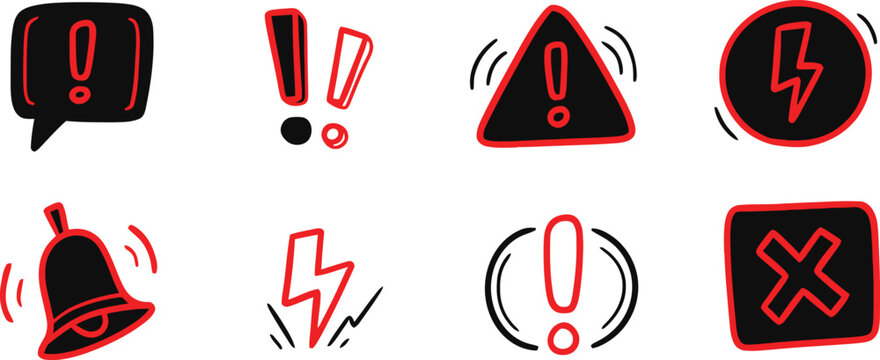 Hand drawn warning icons with exclamation points and lightning bolts in red and black