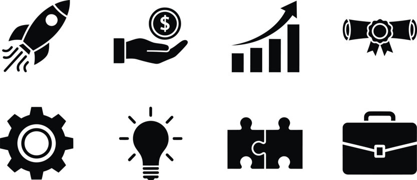 Business and startup icons set in black and white for digital design