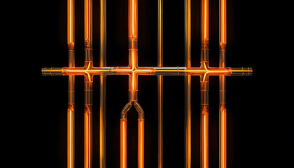 Orange Glowing Pipe System with Modern Industrial Design on Black Background
