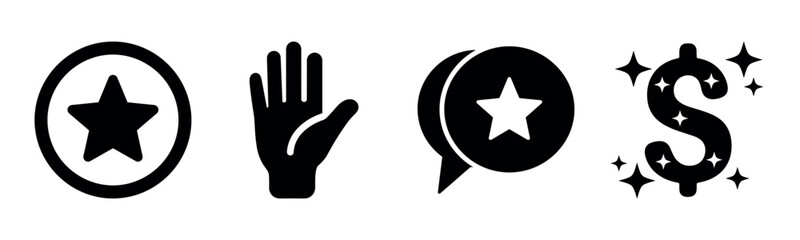 Icon set: star badge, hand, speech bubble with star, sparkling dollar sign
