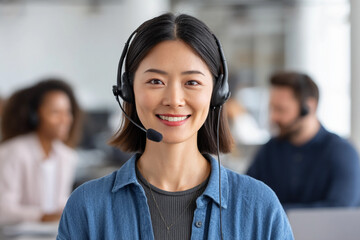 A cheerful Asian woman with a headset is providing support to customers in a busy office.