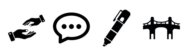 Fototapeta premium Communication and connectivity icons: hands, speech bubble, pen, and bridge symbols