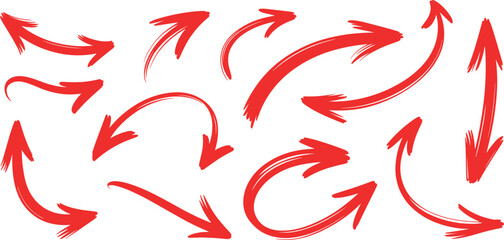 Fototapeta premium Collection of diverse red hand-drawn brush stroke arrows pointing in various directions, isolated on a white background, graphic design elements.