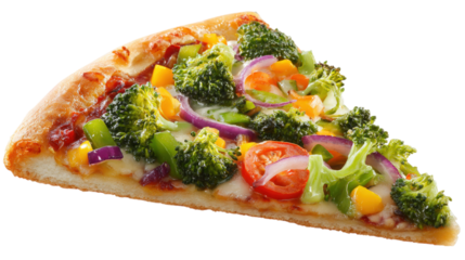 Vegetable pizza slice with broccoli and onion isolated on a transparent background