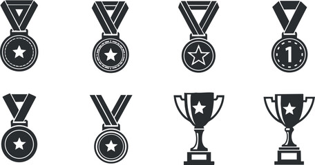 Vector icon set of medals and trophies in black and white style for achievement recognition and award design