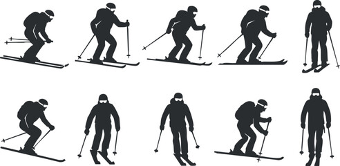 Obraz premium Silhouette vector icon set depicting various skiing poses, ideal for winter sports branding and design projects