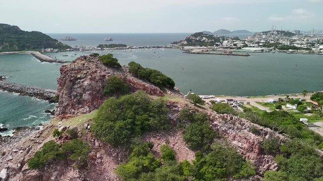 Limestone Montain Island in Mazatlan City Mexico with Beach Resort and Shoreline Near Cruise Terminal