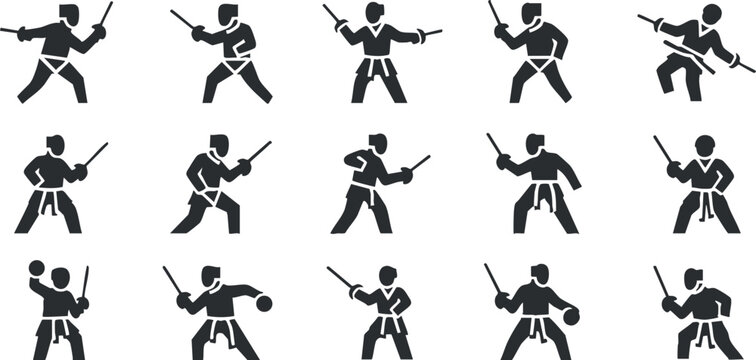 Silhouette vector icon set showing various martial arts poses and techniques, ideal for sports and fitness branding