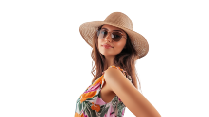 Woman in straw hat and floral dress isolated on a transparent background