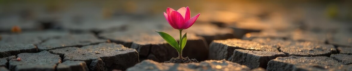A single blossoming flower pushing through cracked earth, symbolizing resilience and the promise of new beginnings A powerful image representing hope and overcoming adversity , optimism, color