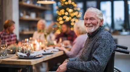 Senior man in a wheelchair with his family indoors at Christmas, dinner concept