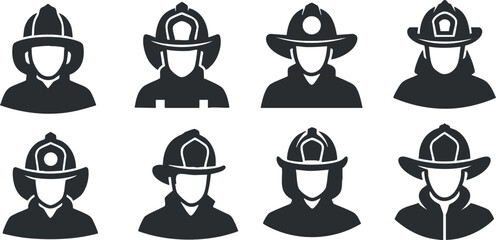 Silhouette vector icon set showing various firefighter characters in helmets, ideal for emergency services and safety design projects