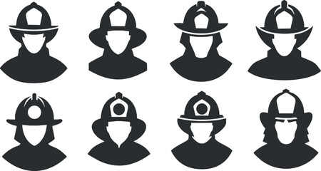 Collection of firefighter silhouette icons featuring various helmet styles for emergency service and rescue themes