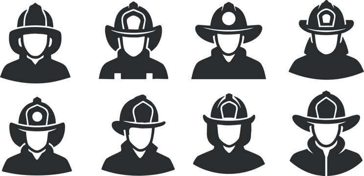 Silhouette vector icon set showing various firefighter characters in helmets, ideal for emergency services and safety design projects