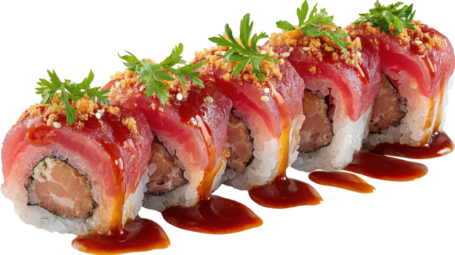Tuna Sushi Roll with Spicy Sauce isolated on a transparent background