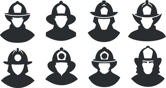 Collection of firefighter silhouette icons featuring various helmet styles for emergency service and rescue themes